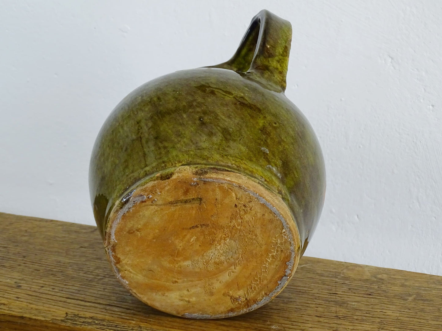 French antique terracotta orjol or jug with green glaze from Languedoc 