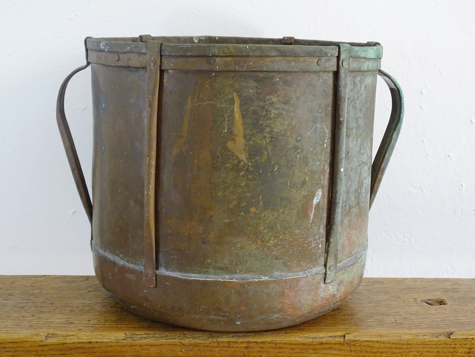 Rustic French antique copper ferrat or copper vessel from the Auvergne region with patina and verdigris 