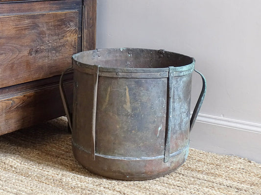 French antique copper ferrat with aged patina and verdigris, 19th-century rustic copper vessel with handles, vintage French farmhouse decor or antique champagne bucket