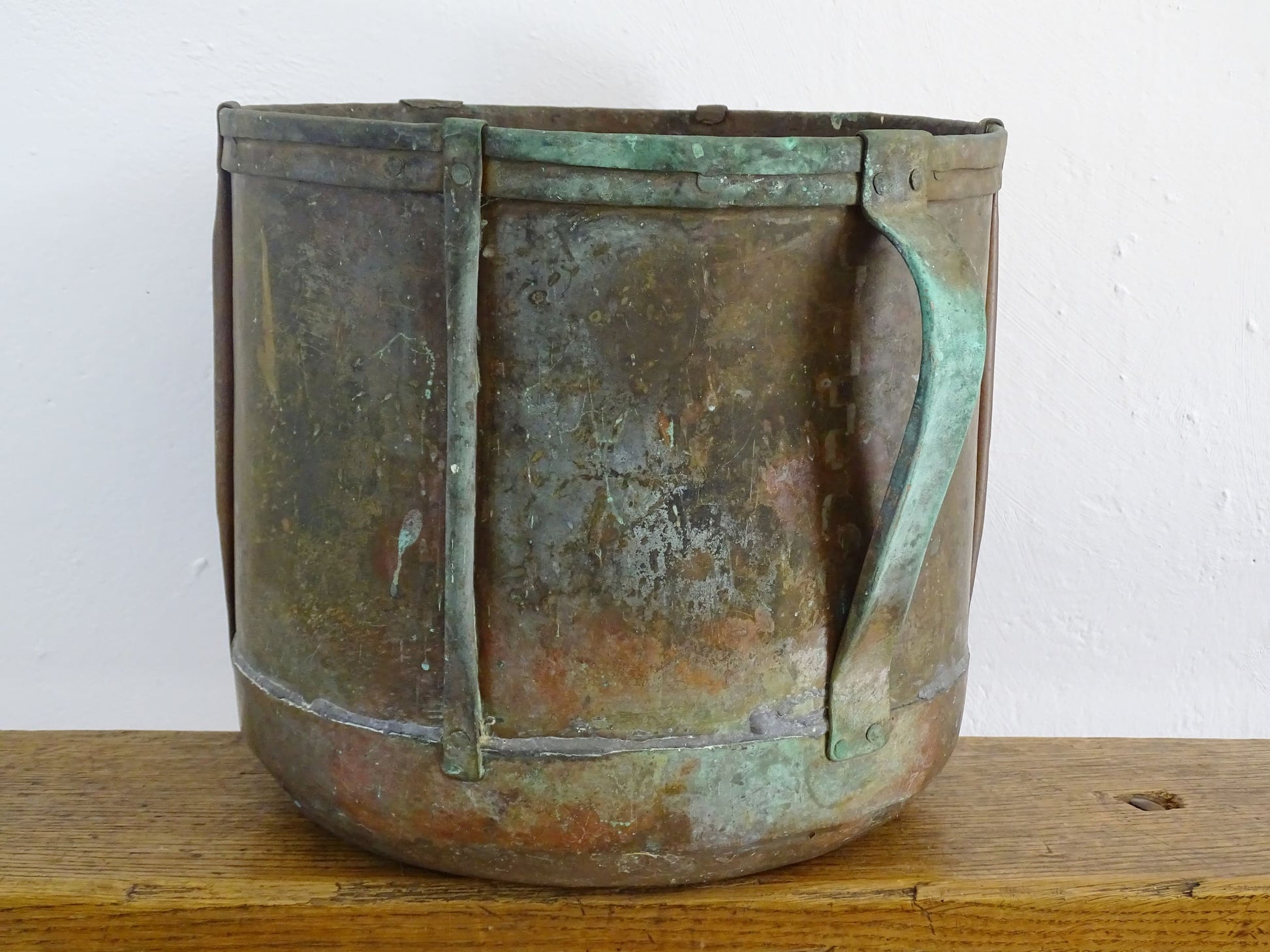 Rustic French antique copper ferrat or copper vessel from the Auvergne region with patina and verdigris 