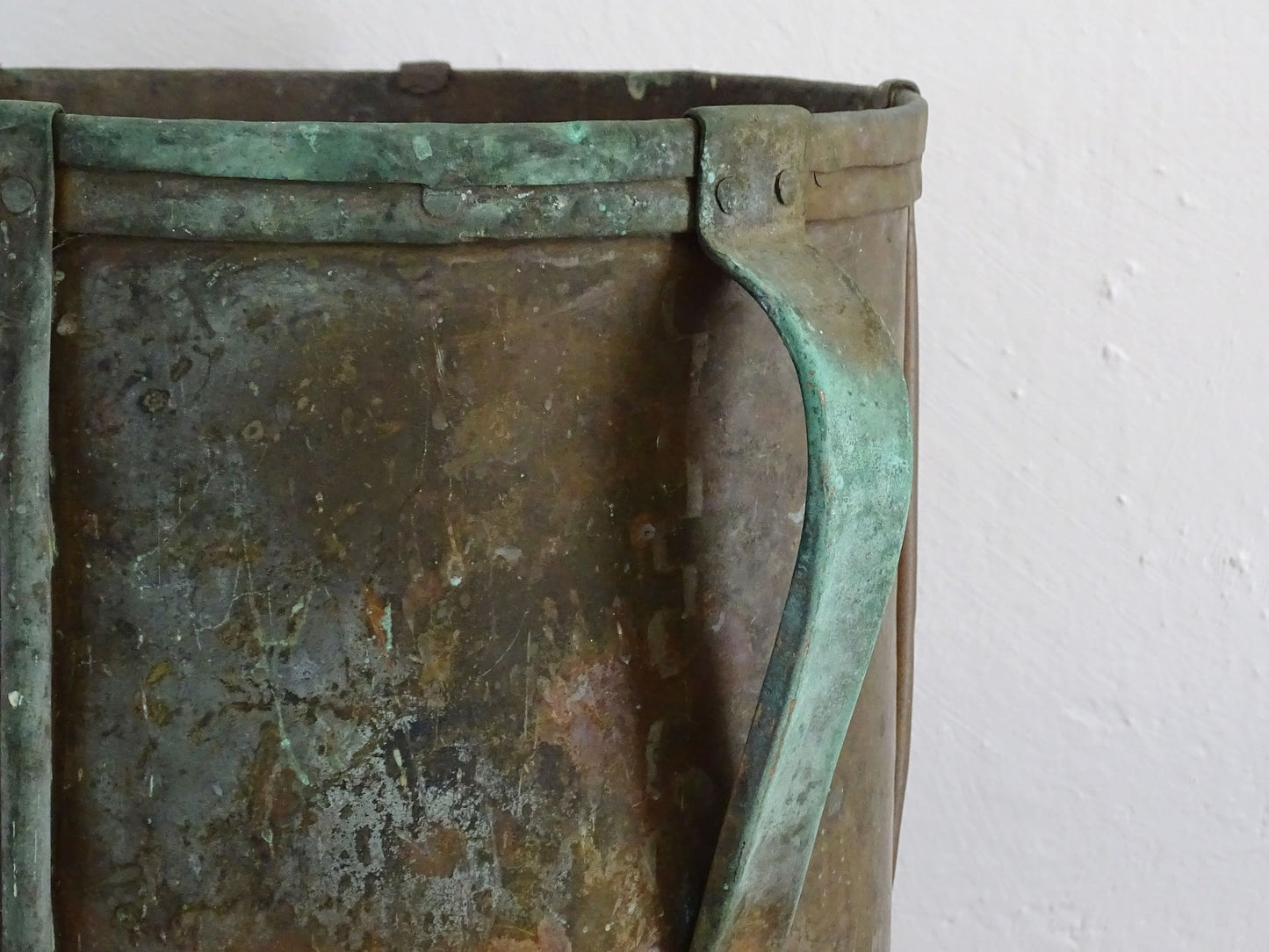 Rustic French antique copper ferrat or copper vessel from the Auvergne region with patina and verdigris 