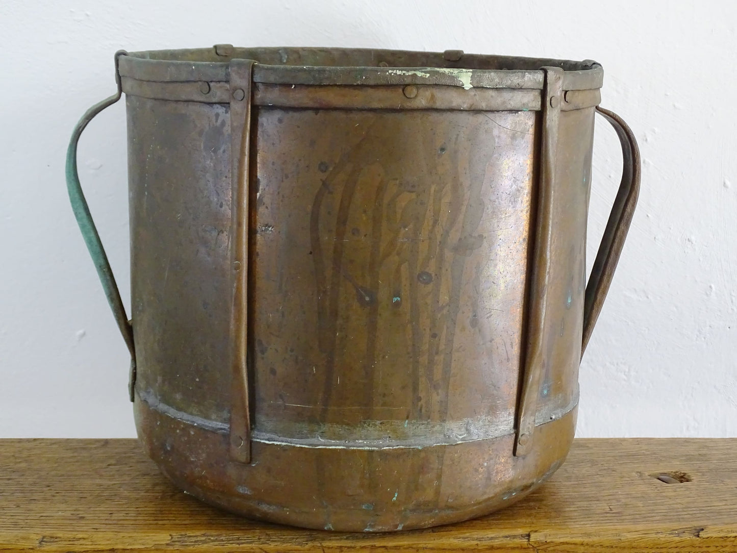 Rustic French antique copper ferrat or copper vessel from the Auvergne region with patina and verdigris 