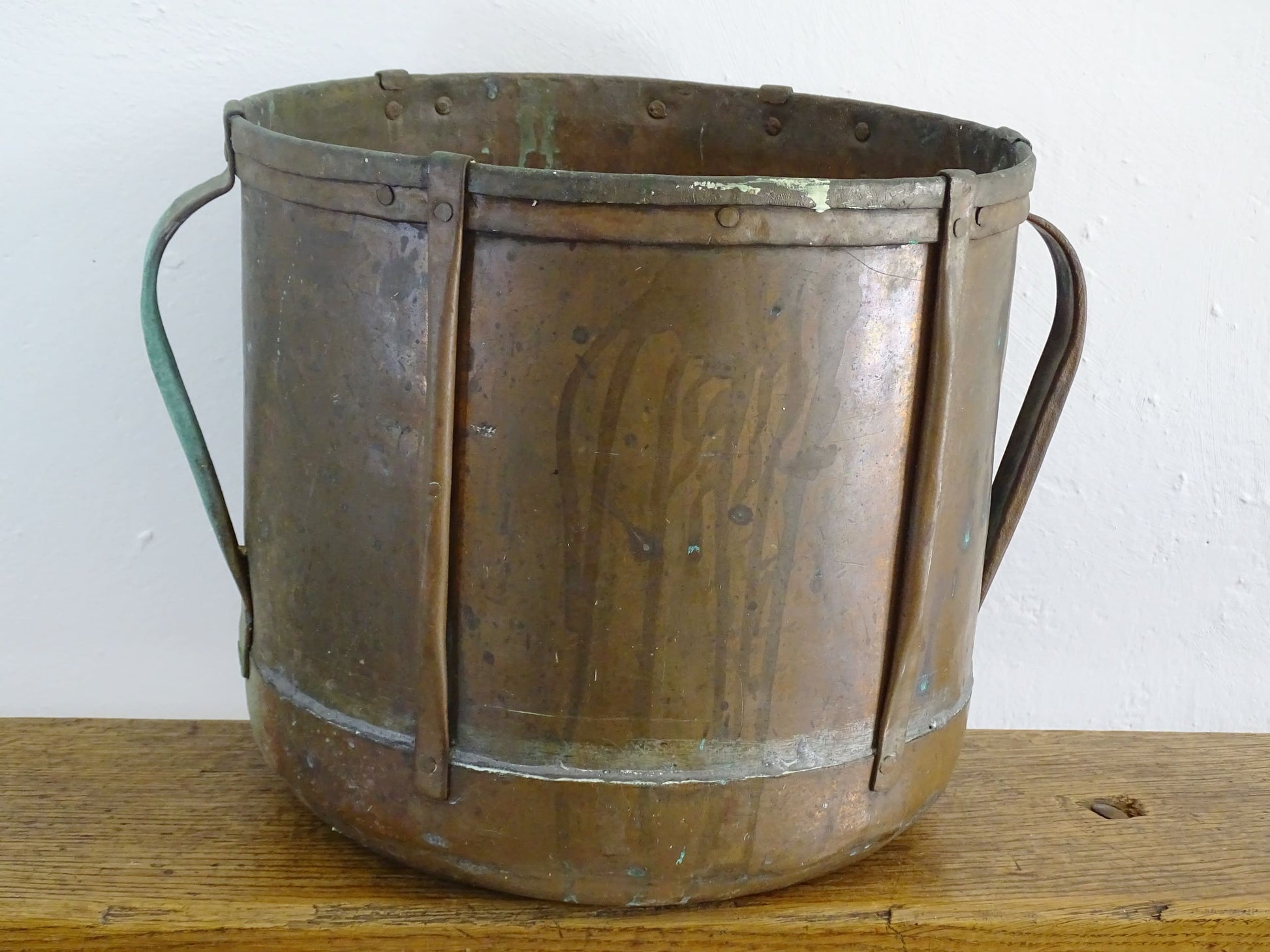 Rustic French antique copper ferrat or copper vessel from the Auvergne region with patina and verdigris 