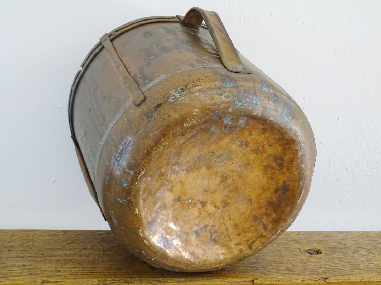 Rustic French antique copper ferrat or copper vessel from the Auvergne region with patina and verdigris 