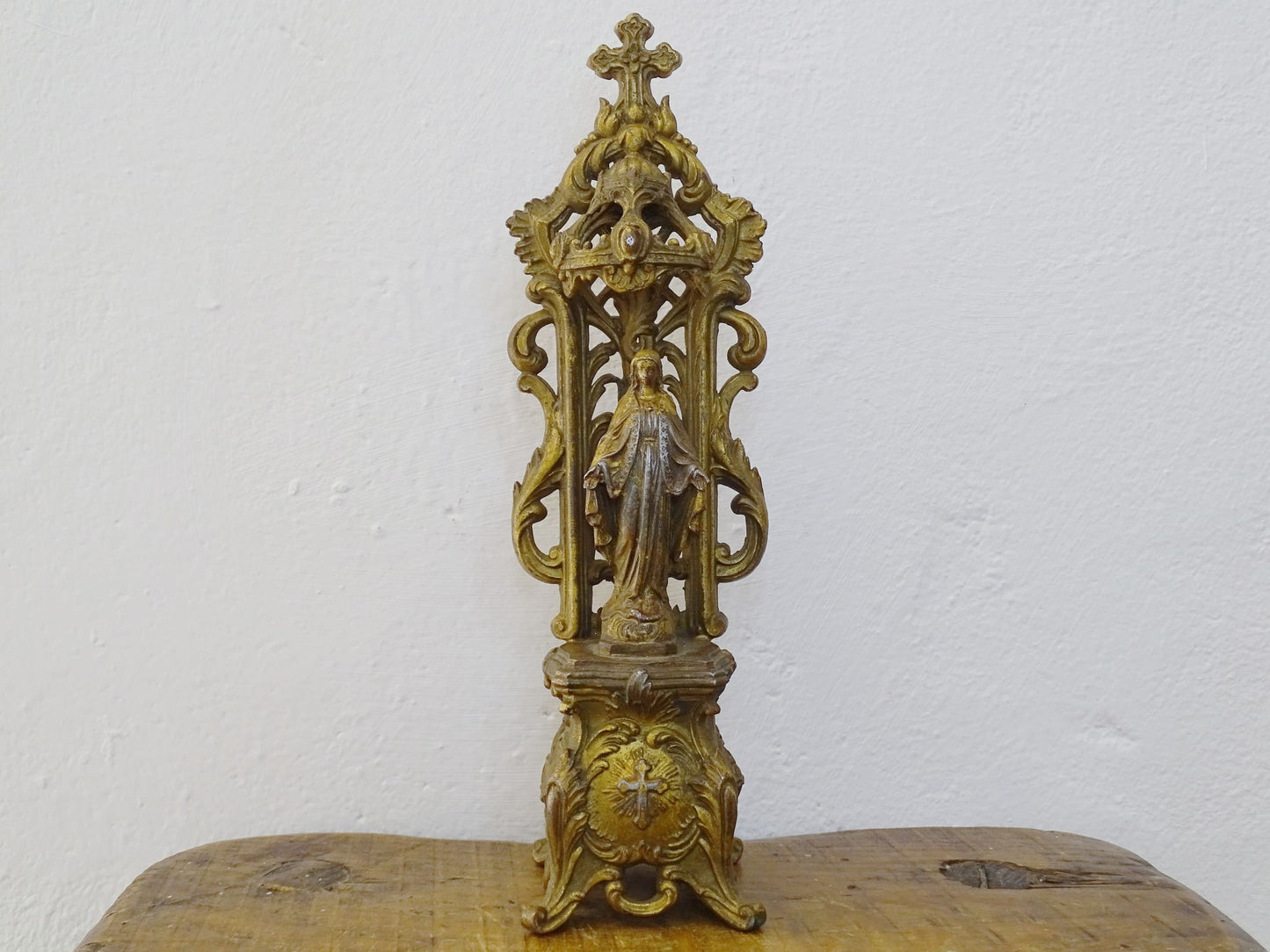 French antique Virgin Mary statue with gilt metal, religious ornament with cross to the top