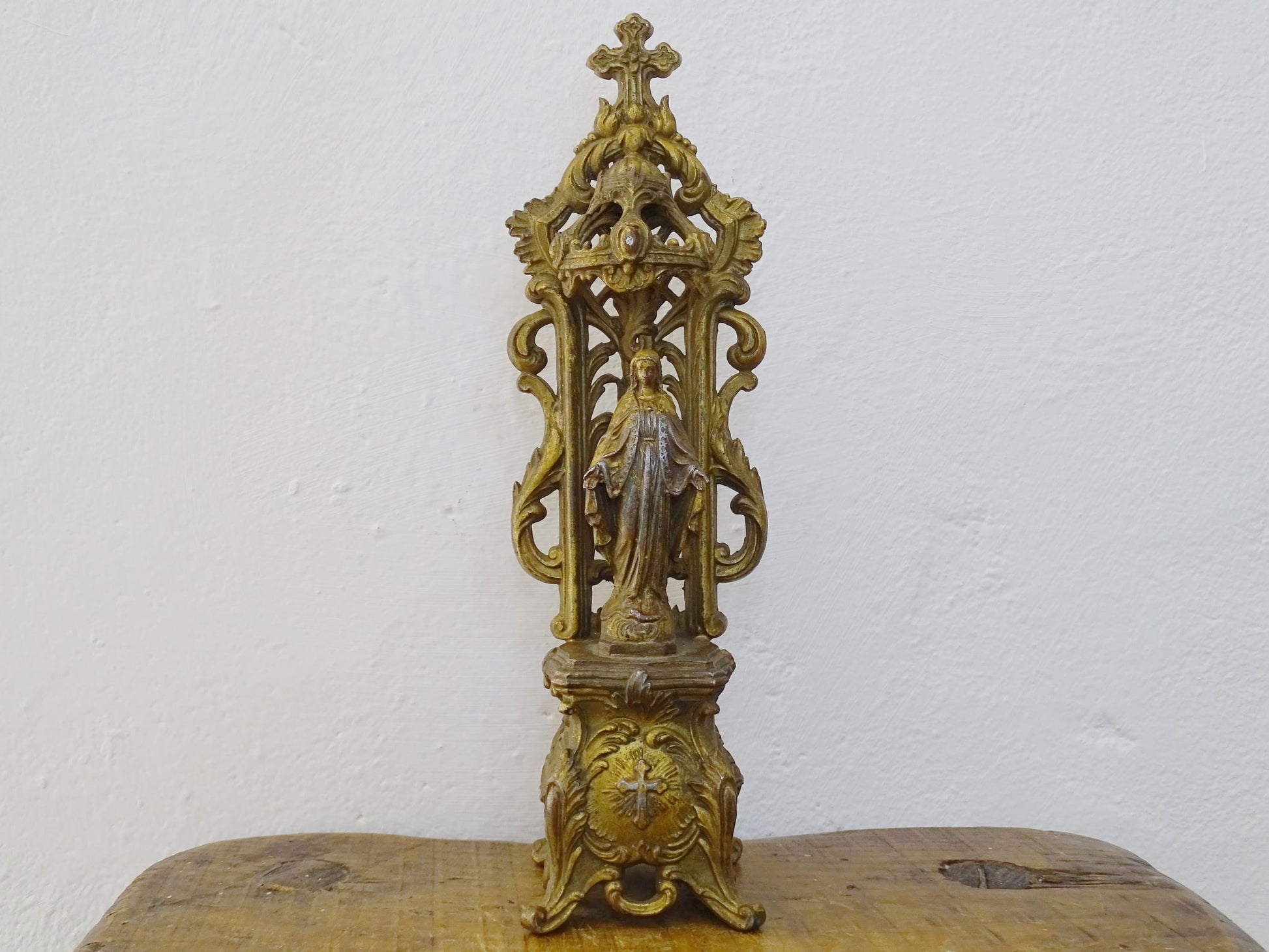 French antique Virgin Mary statue with gilt metal, religious ornament with cross to the top