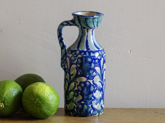 Small Spanish antique Fajalauza pottery pitcher with blue and white glaze