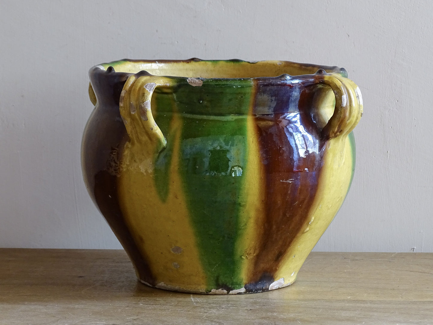 French antique ceramic cache pot with yellow, green and brown glaze from Castelnaudary