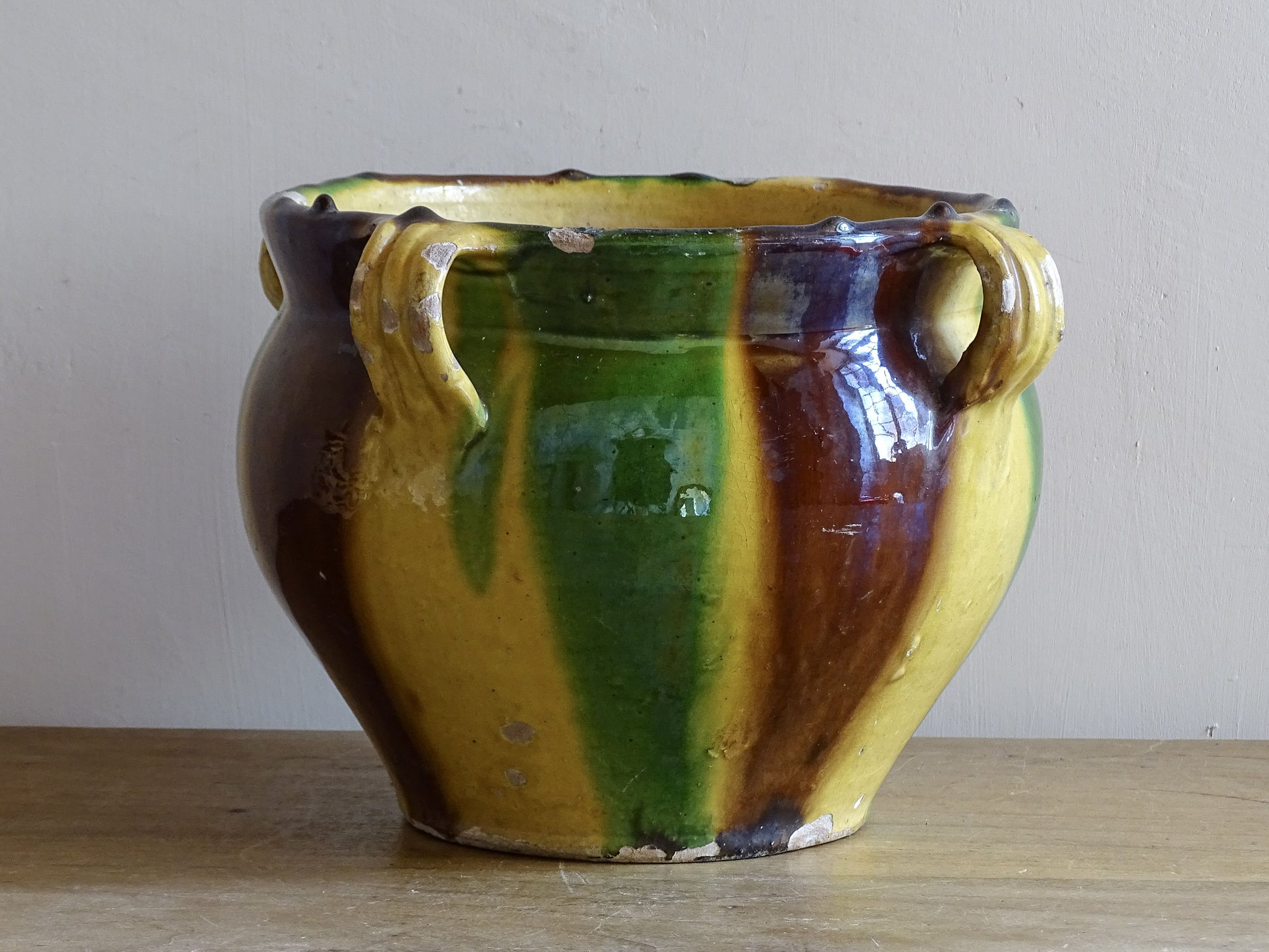 French antique ceramic cache pot with yellow, green and brown glaze from Castelnaudary