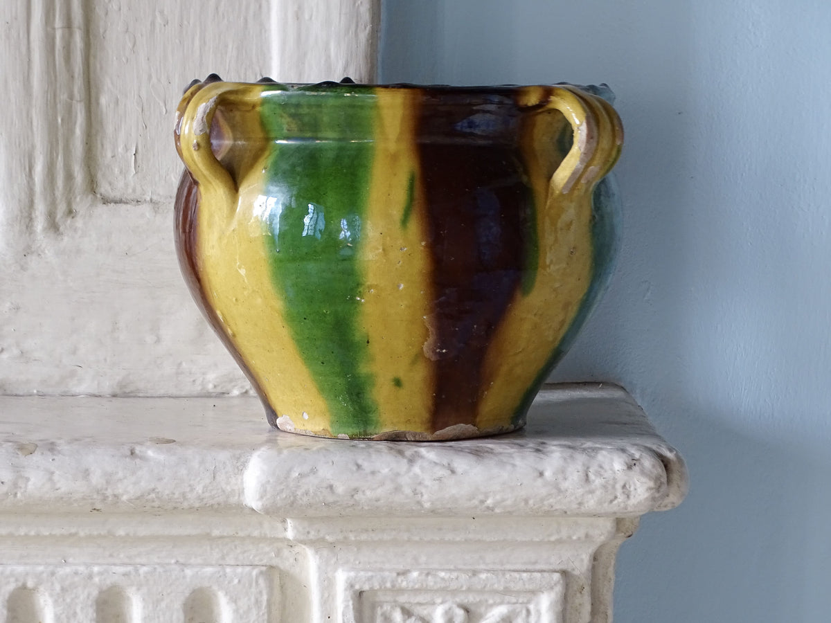 French antique ceramic cache pot with yellow green and brown glaze from Castelnaudary