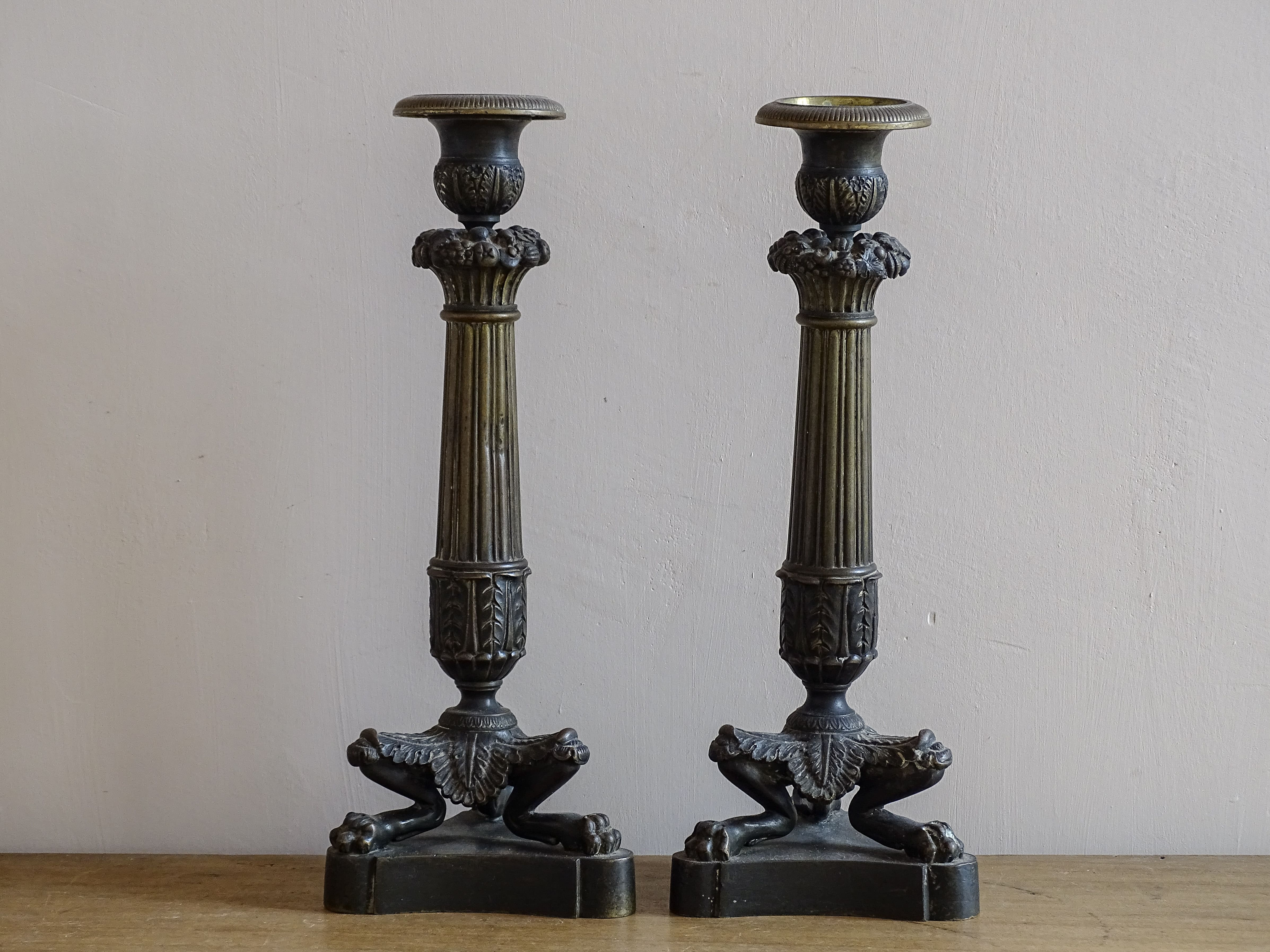 French Antique Bronze Candlesticks, Reformation Period 10.4