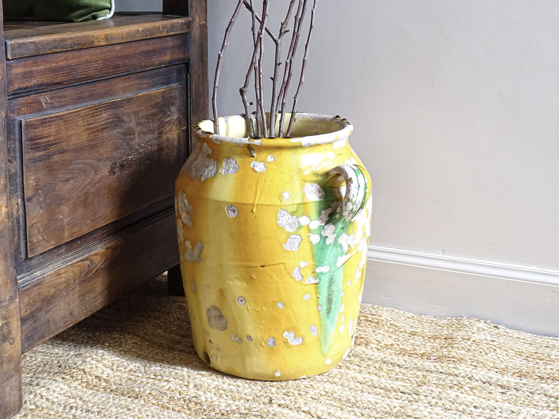 Large French Antique Vinaigrier with Yellow and Green Confit Pot Glaze. Timeworn rustic terracotta pot with two handles. Earthenware jar for French farmhouse decor. 