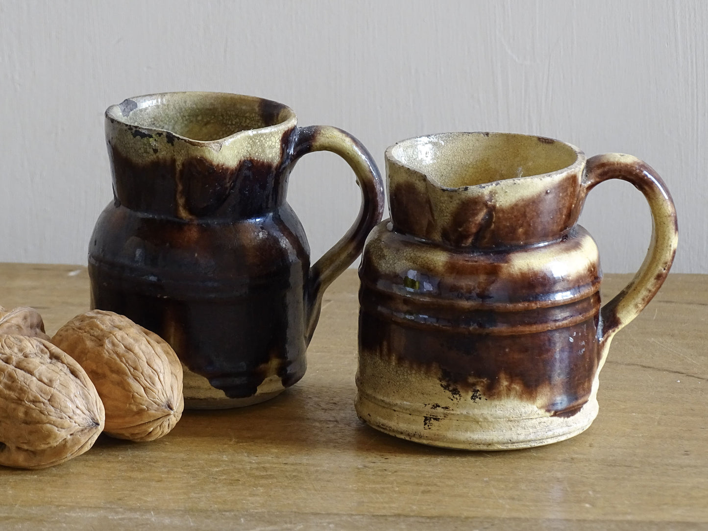 Pair of French antique pottery pitchers from Dieulefit