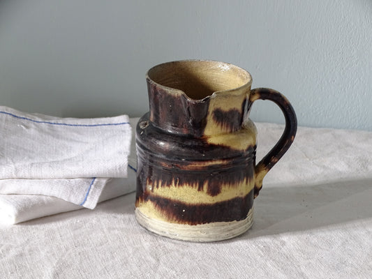 French antique ceramic jug from Dieulefit with brown and yellow glaze