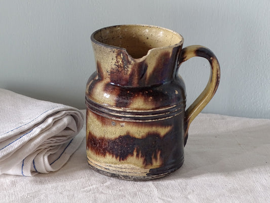 French antique ceramic pitcher with brown and yellow glaze