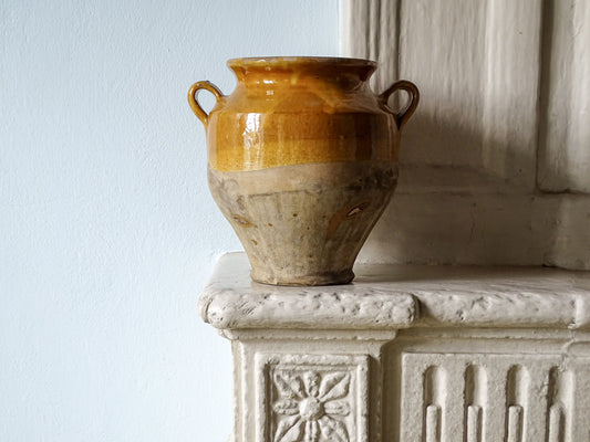 French antique confit pot with yellow glaze