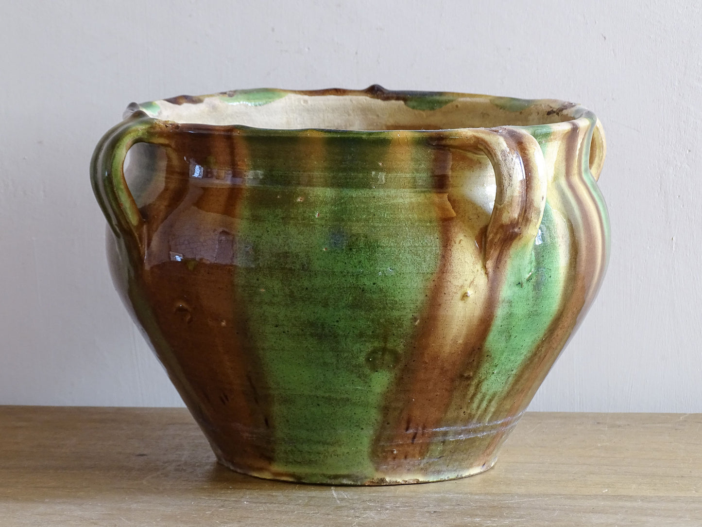 French antique glazed terracotta cache pot. Castelnaudary pottery