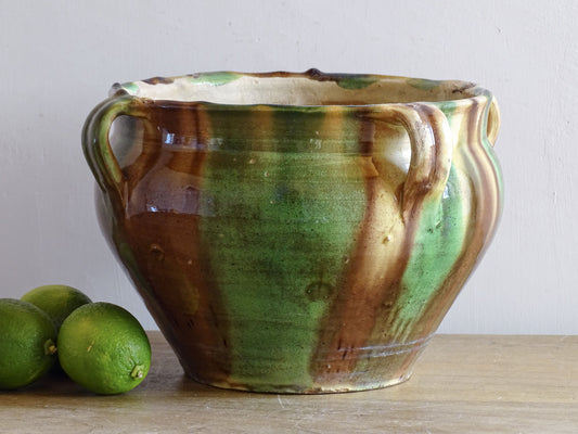 French antique glazed terracotta cache pot. Castelnaudary pottery