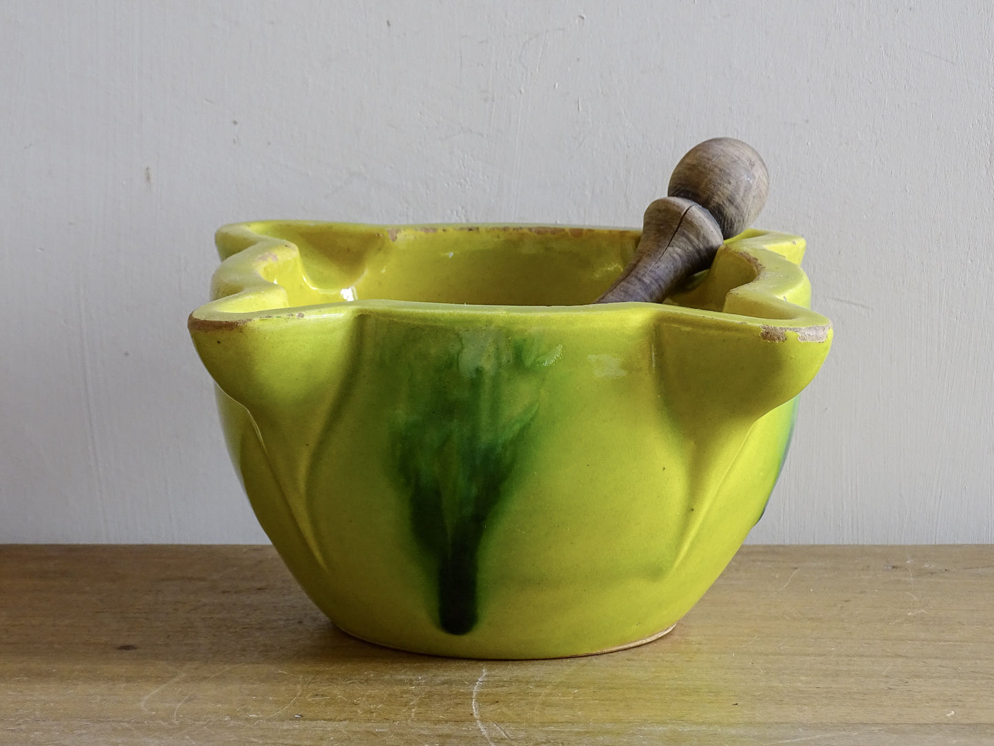 French vintage pestle and mortar with yellow glaze