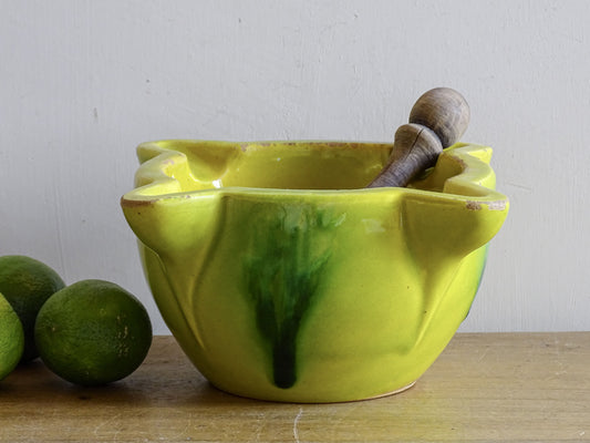 French vintage pestle and mortar with yellow glaze