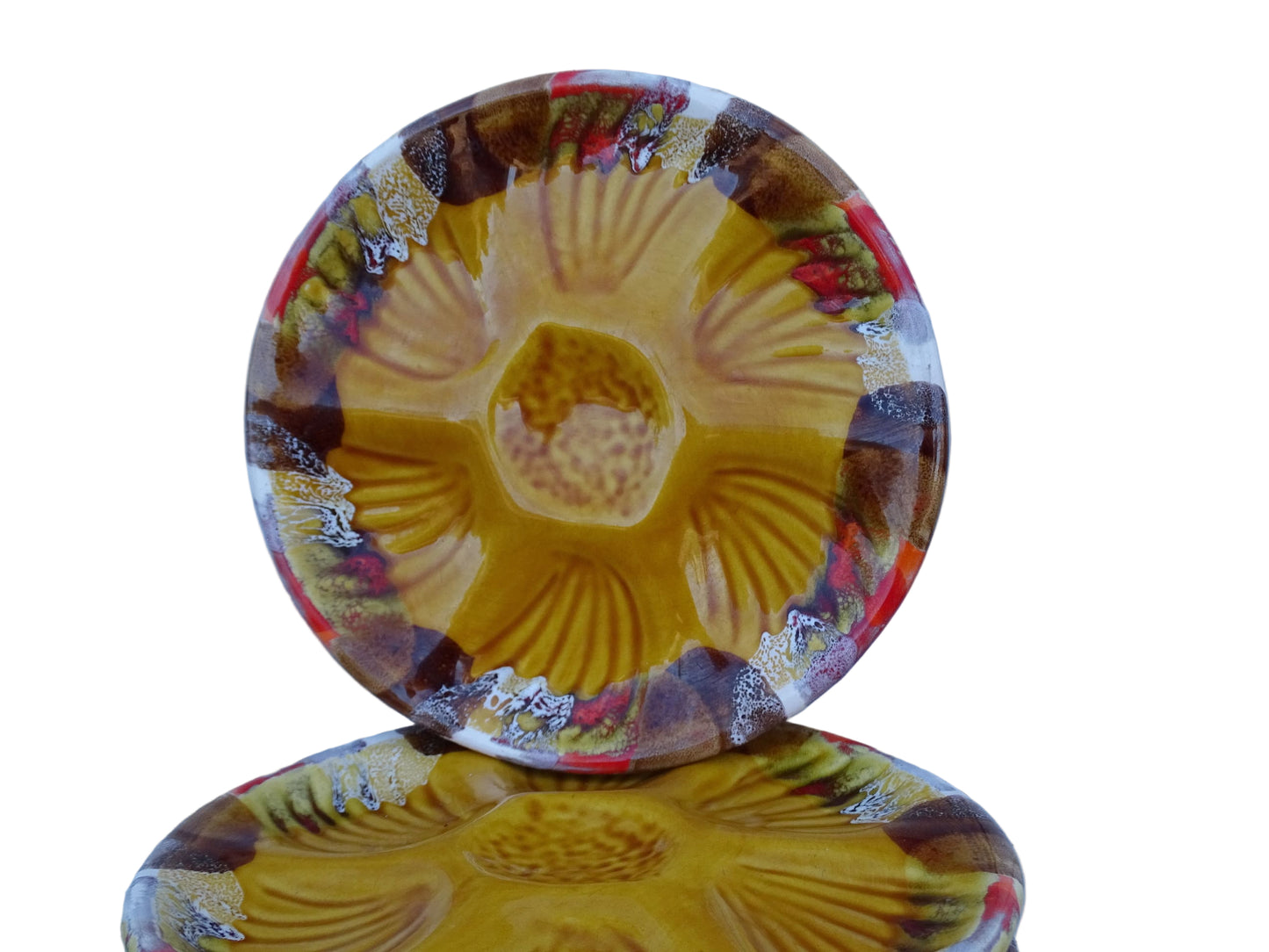 French vintage ceramic oyster plates with ochre yellow glaze. Vallauris pottery serving plates.