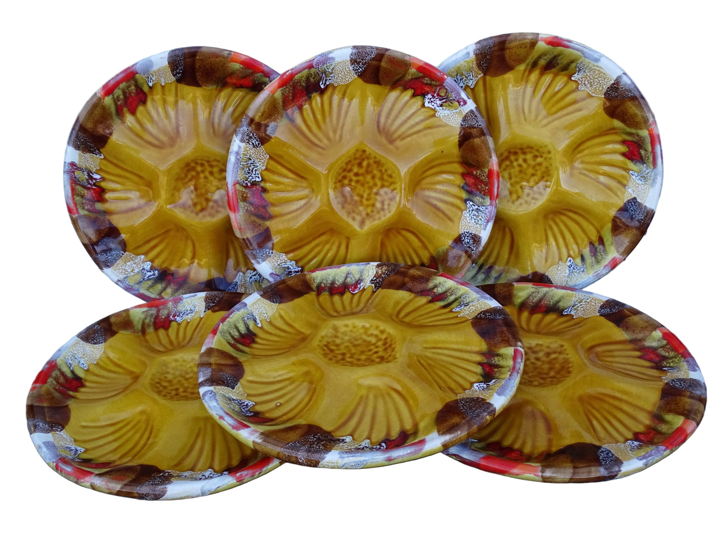Set of six French vintage ceramic oyster plates with ochre yellow glaze. Vallauris pottery serving plates.
