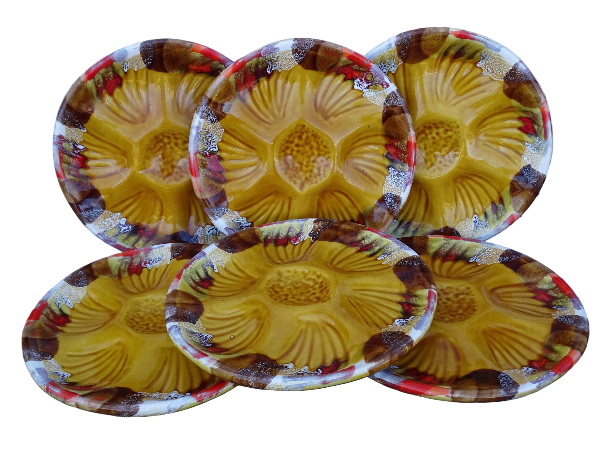 Set of six French vintage ceramic oyster plates with ochre yellow glaze. Vallauris pottery serving plates.