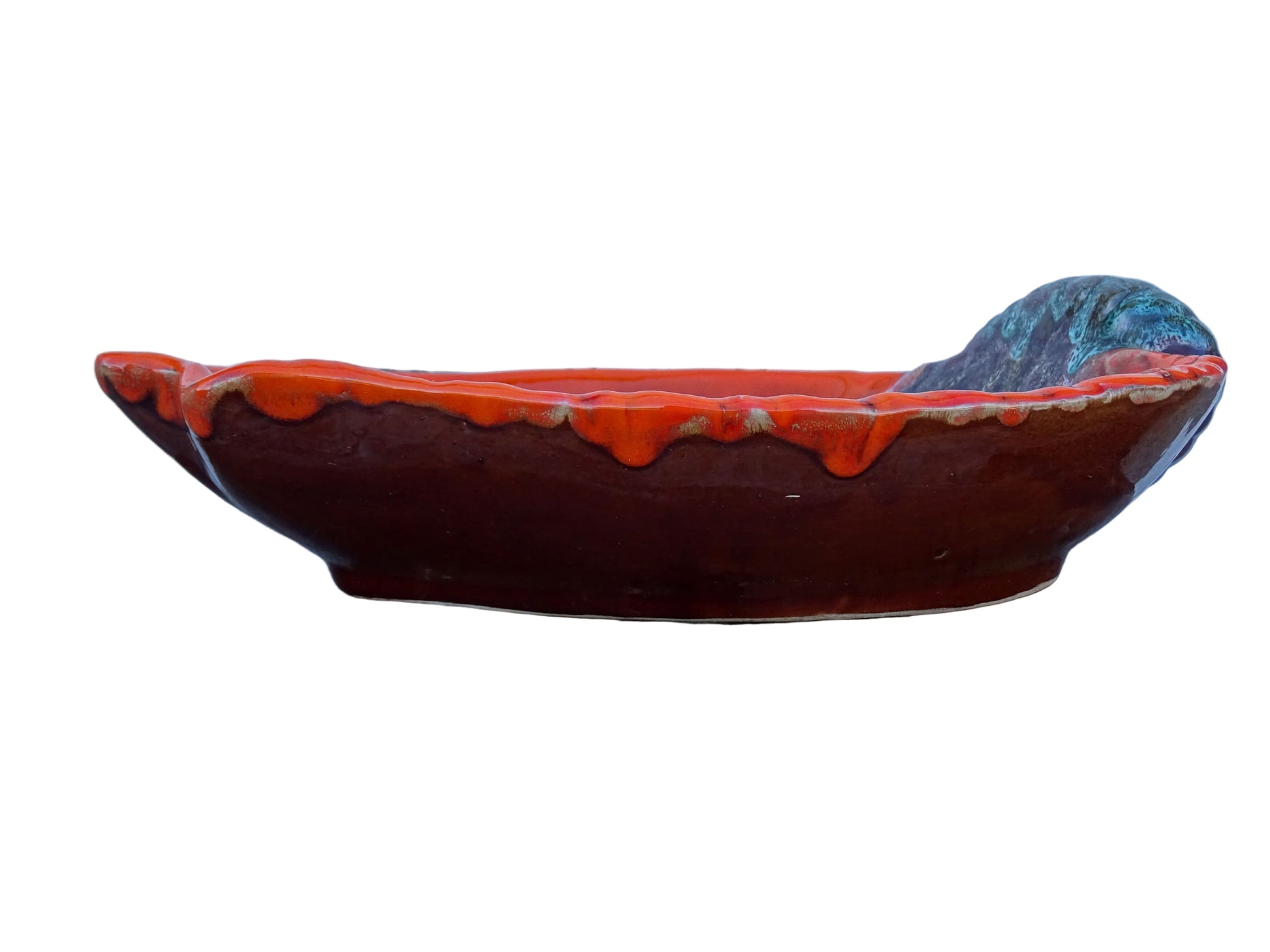 French vintage Vallauris ceramic conch bowl. Orange glazed pottery shell dish. 