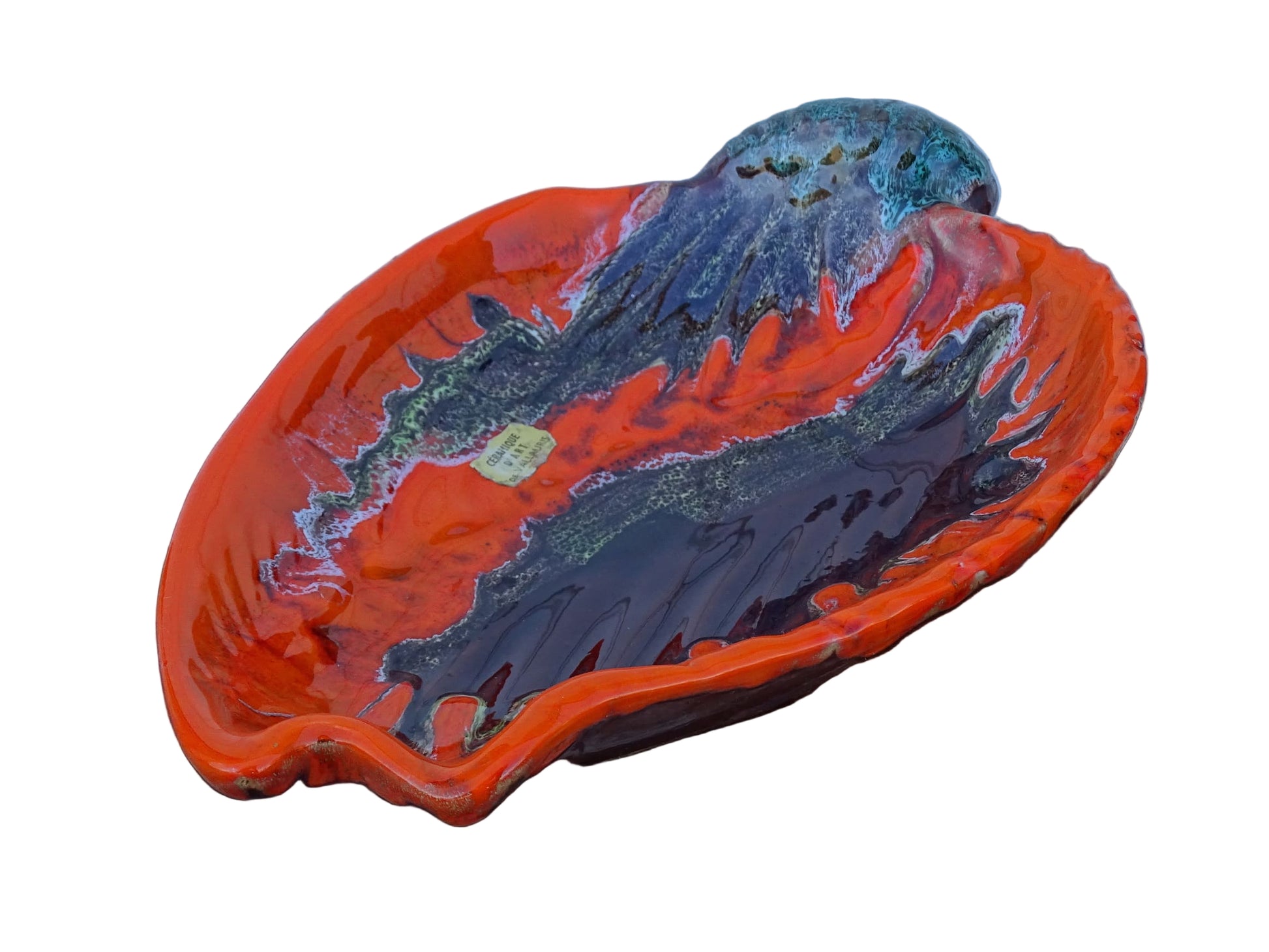 French vintage Vallauris ceramic conch bowl. Orange glazed pottery shell dish. 