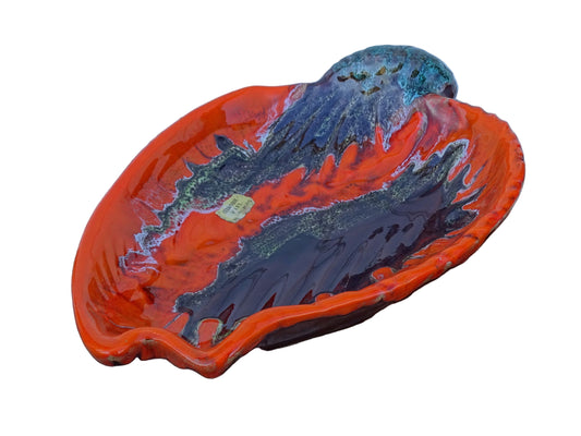 French vintage Vallauris ceramic conch bowl. Orange glazed pottery shell dish. 