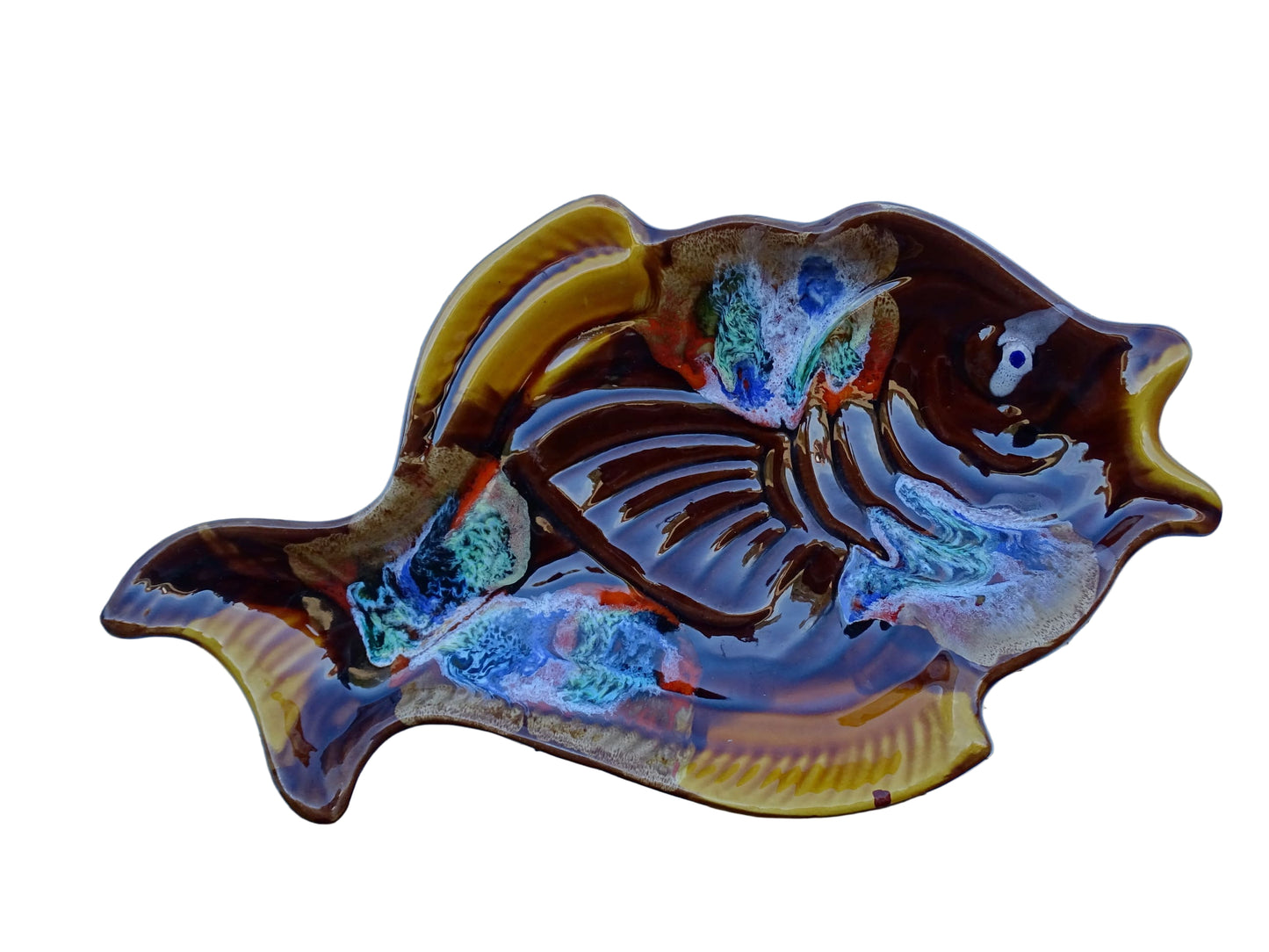French vintage Vallauris pottery fish plate. It is glazed in brown with details in blue and red