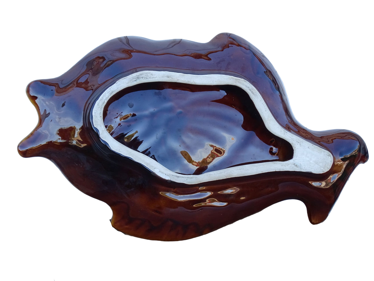 French vintage Vallauris pottery fish plate. It is glazed in brown with details in blue and red