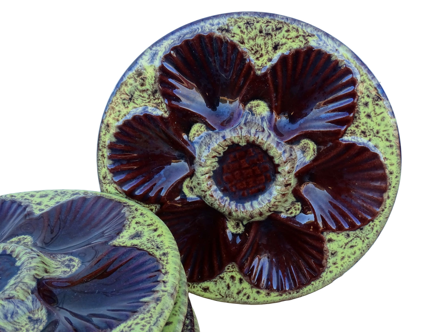 Set of six French vintage Vallauris pottery oyster plates by Maruis Giuge with space for six oysters. They have a yellow and brown glaze.