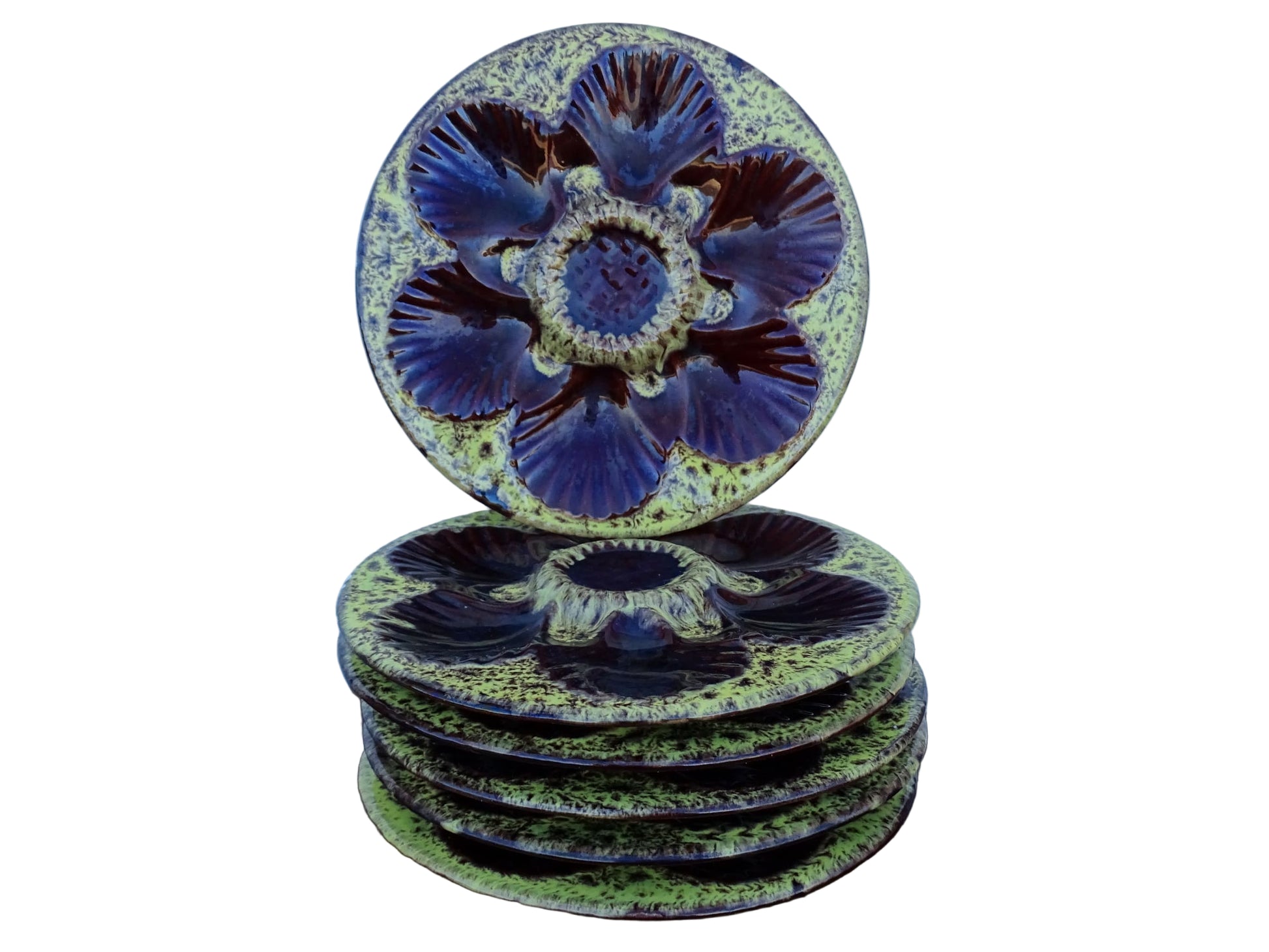 Set of six French vintage Vallauris pottery oyster plates by Maruis Giuge with space for six oysters. They have a yellow and brown glaze.