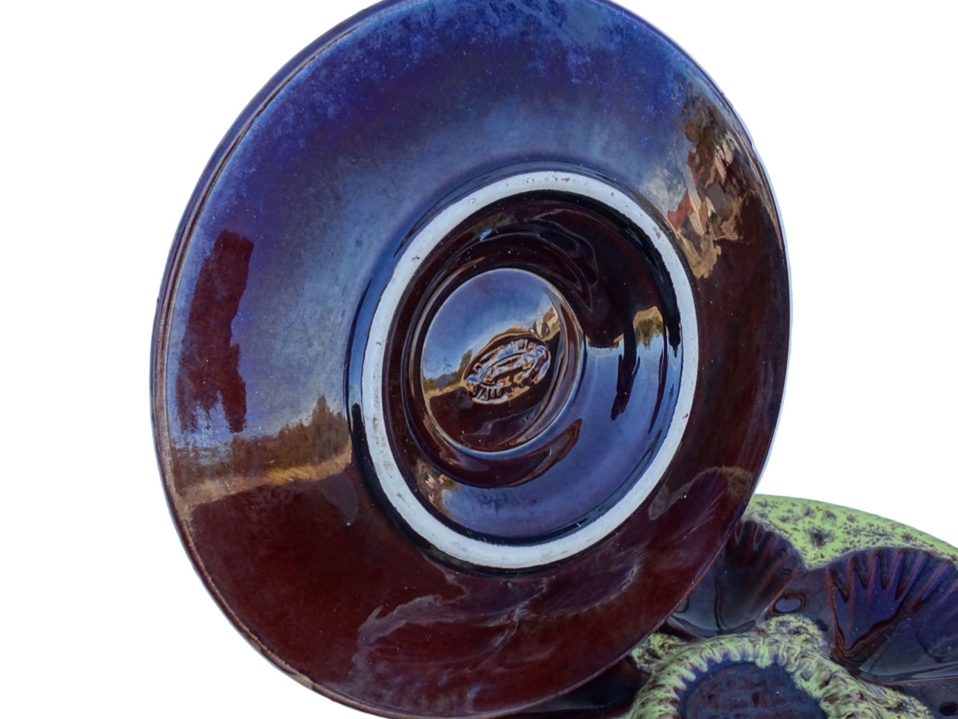 Set of six French vintage Vallauris pottery oyster plates by Maruis Giuge with space for six oysters. They have a yellow and brown glaze.