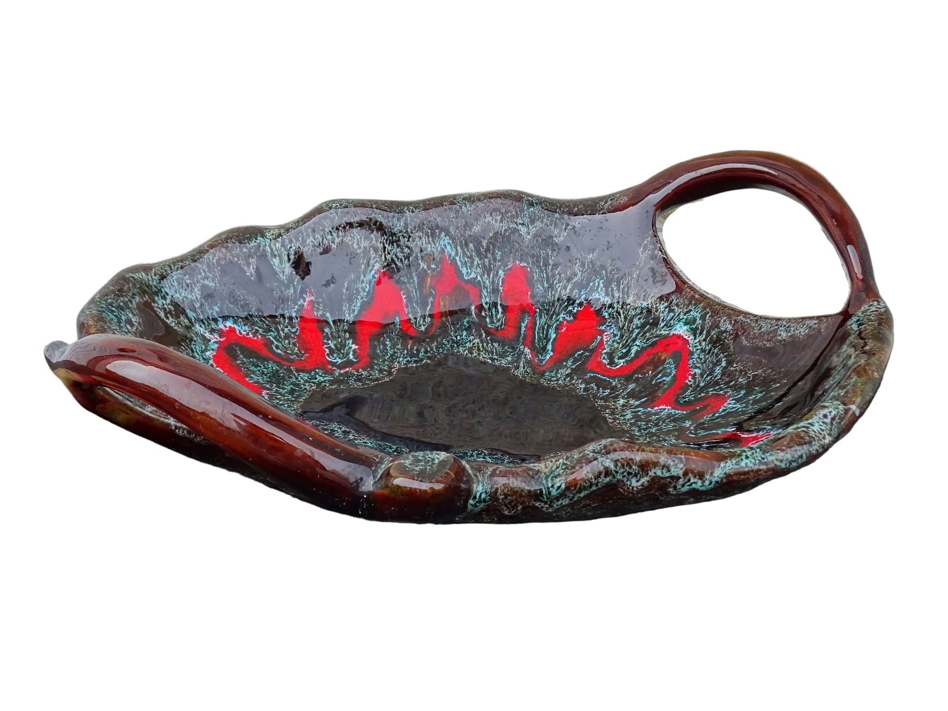 French vintage Vallauris pottery bowl with two handles and a brown and red glaze