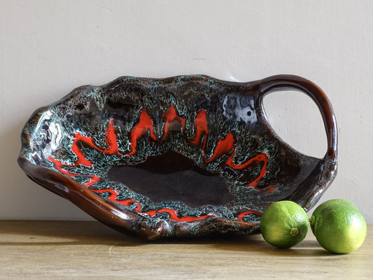 French vintage ceramic Vallauris bowl with two handles and red volcanic glaze