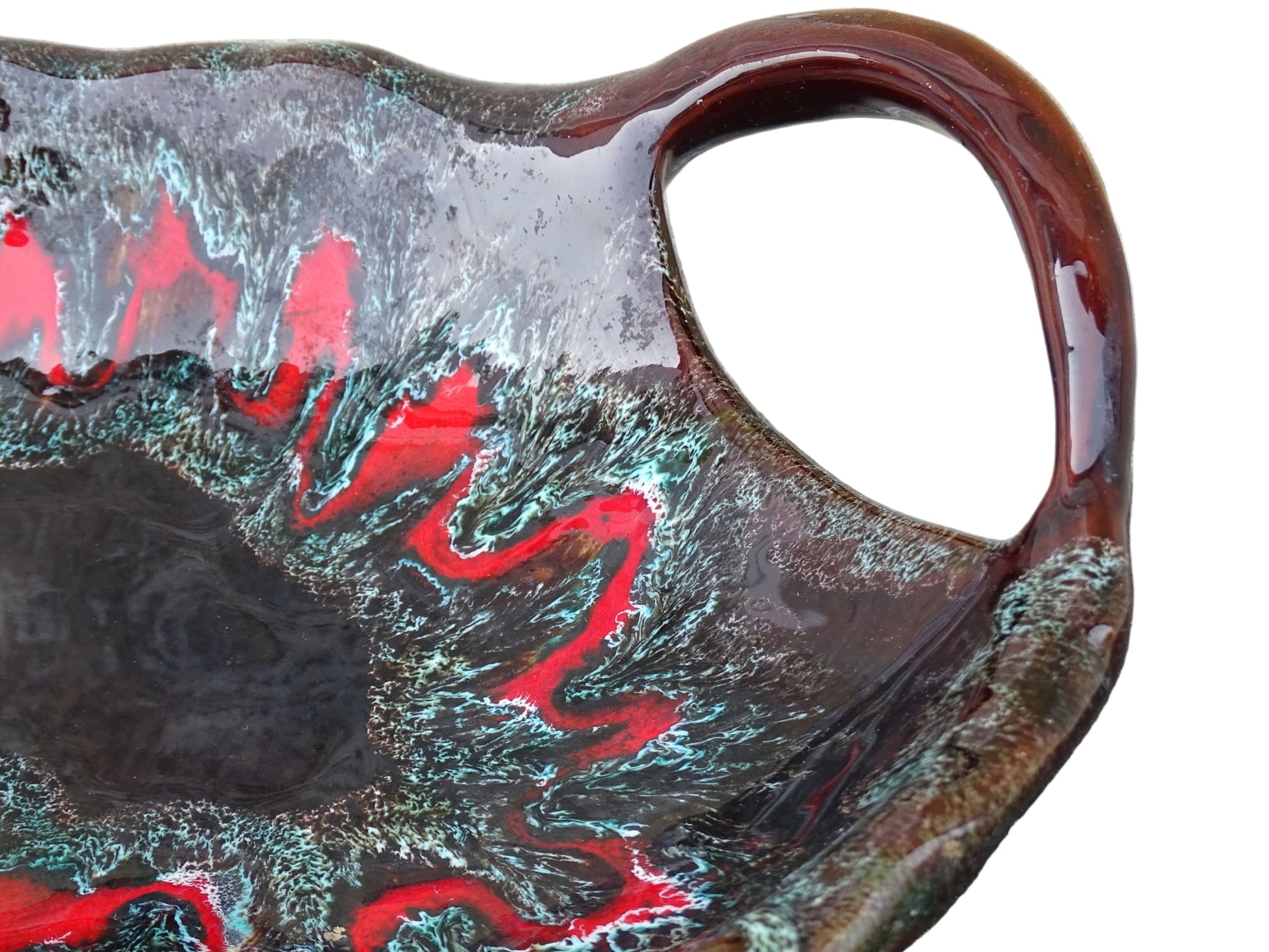 French vintage Vallauris pottery bowl with two handles and a brown and red glaze