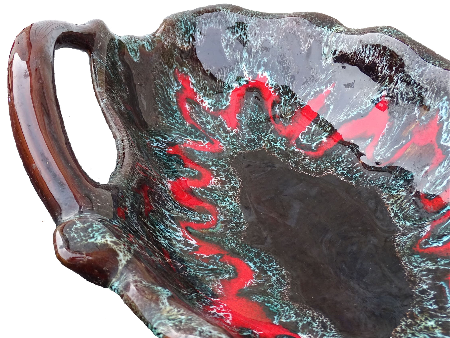 French vintage Vallauris pottery bowl with two handles and a brown and red glaze