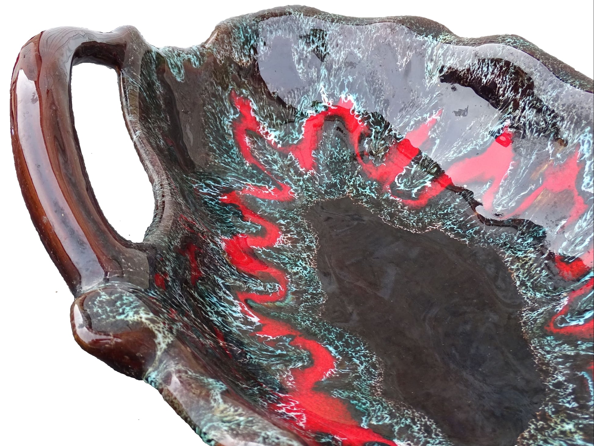 French vintage Vallauris pottery bowl with two handles and a brown and red glaze