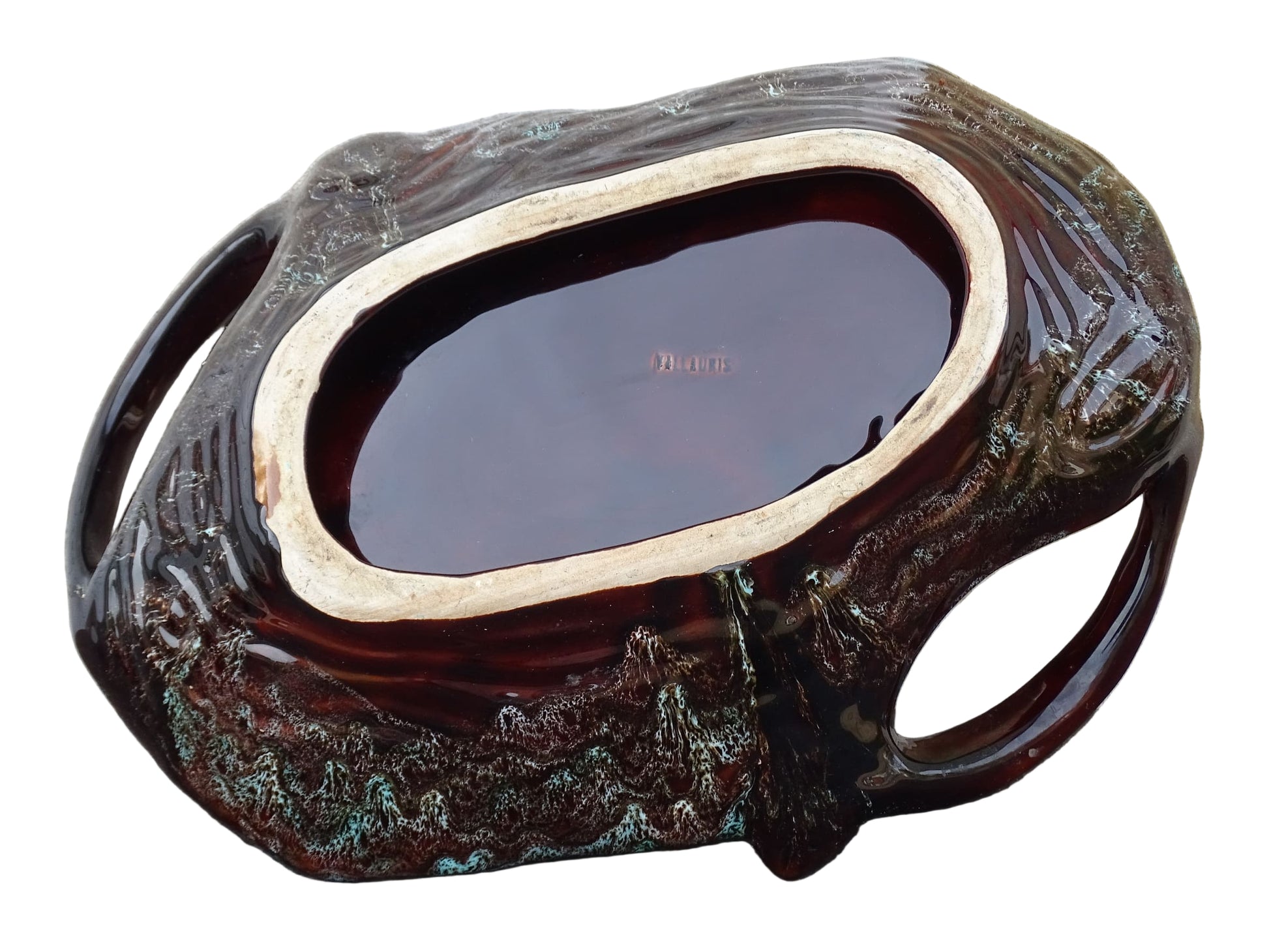 French vintage Vallauris pottery bowl with two handles and a brown and red glaze