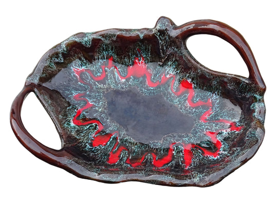 French vintage Vallauris pottery bowl with two handles and a brown and red glaze