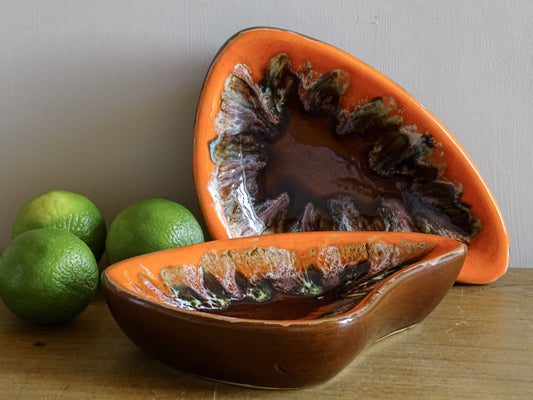 French vintage Vallauris pottery dishes with orange and brown glaze
