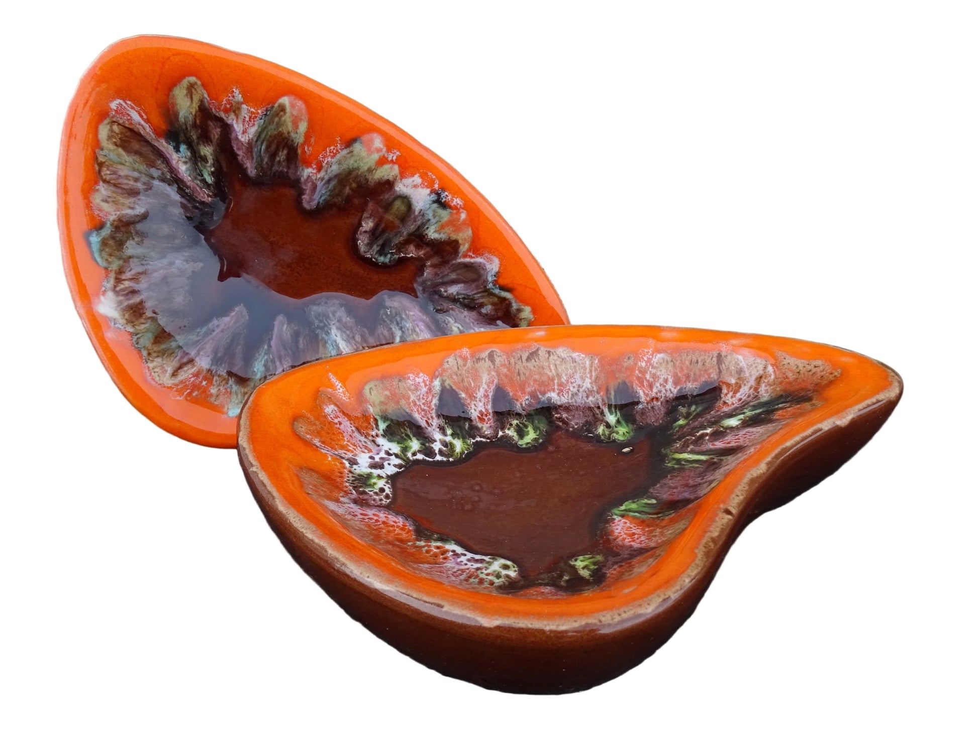 Pair of French vintage Vallauris ceramic dishes. Kidney shaped bowls with orange glaze with mid-century design.