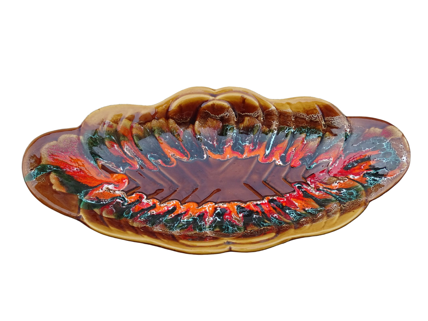 French vintage Vallauris pottery bowl with a brown glaze and red and green detailing. The ceramic centrepiece has a geometric design to the centre and a free flow design to the edge.