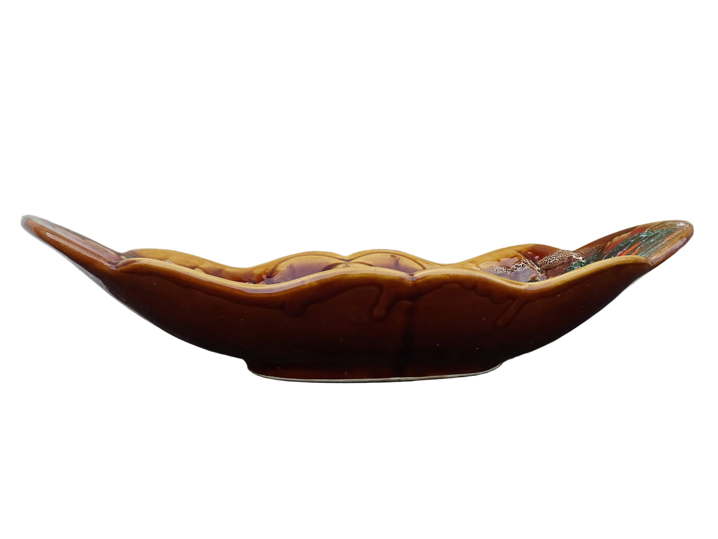 French vintage Vallauris pottery bowl with a brown glaze and red and green detailing. The ceramic centrepiece has a geometric design to the centre and a free flow design to the edge.