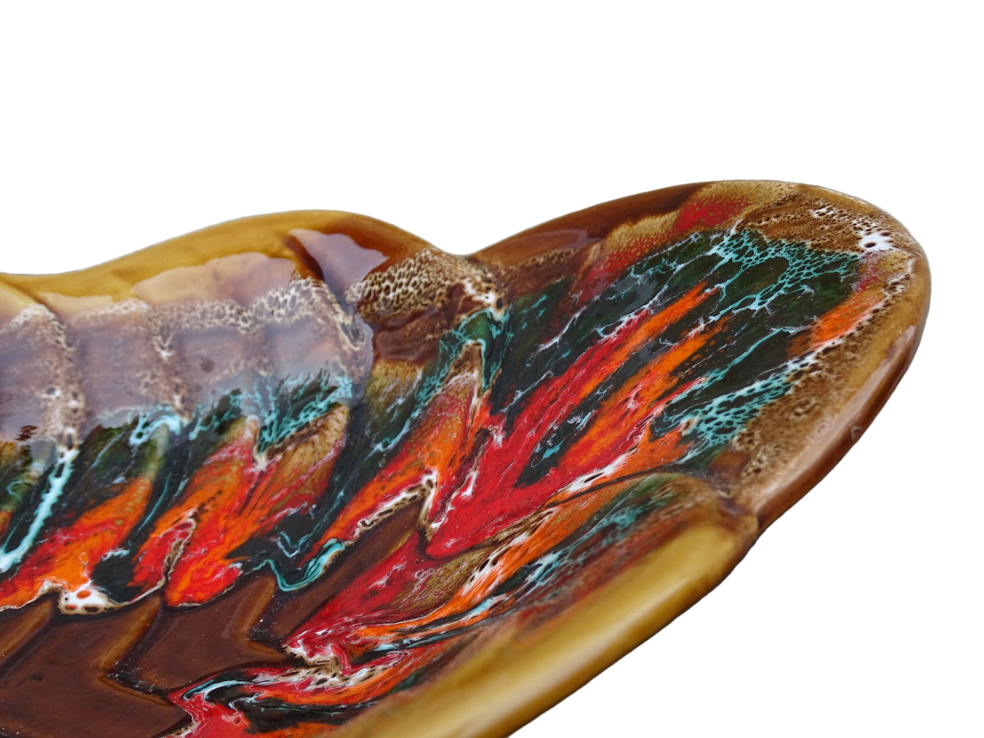 French vintage Vallauris pottery bowl with a brown glaze and red and green detailing. The ceramic centrepiece has a geometric design to the centre and a free flow design to the edge.