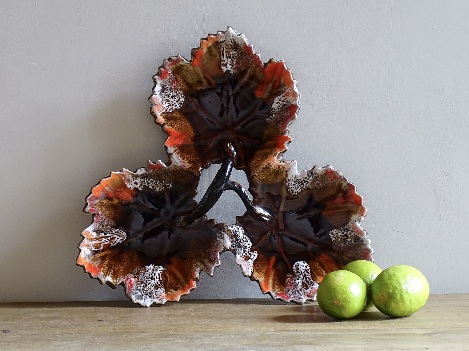 French vintage Vallauris pottery dishes trio with a brown and red glaze. 