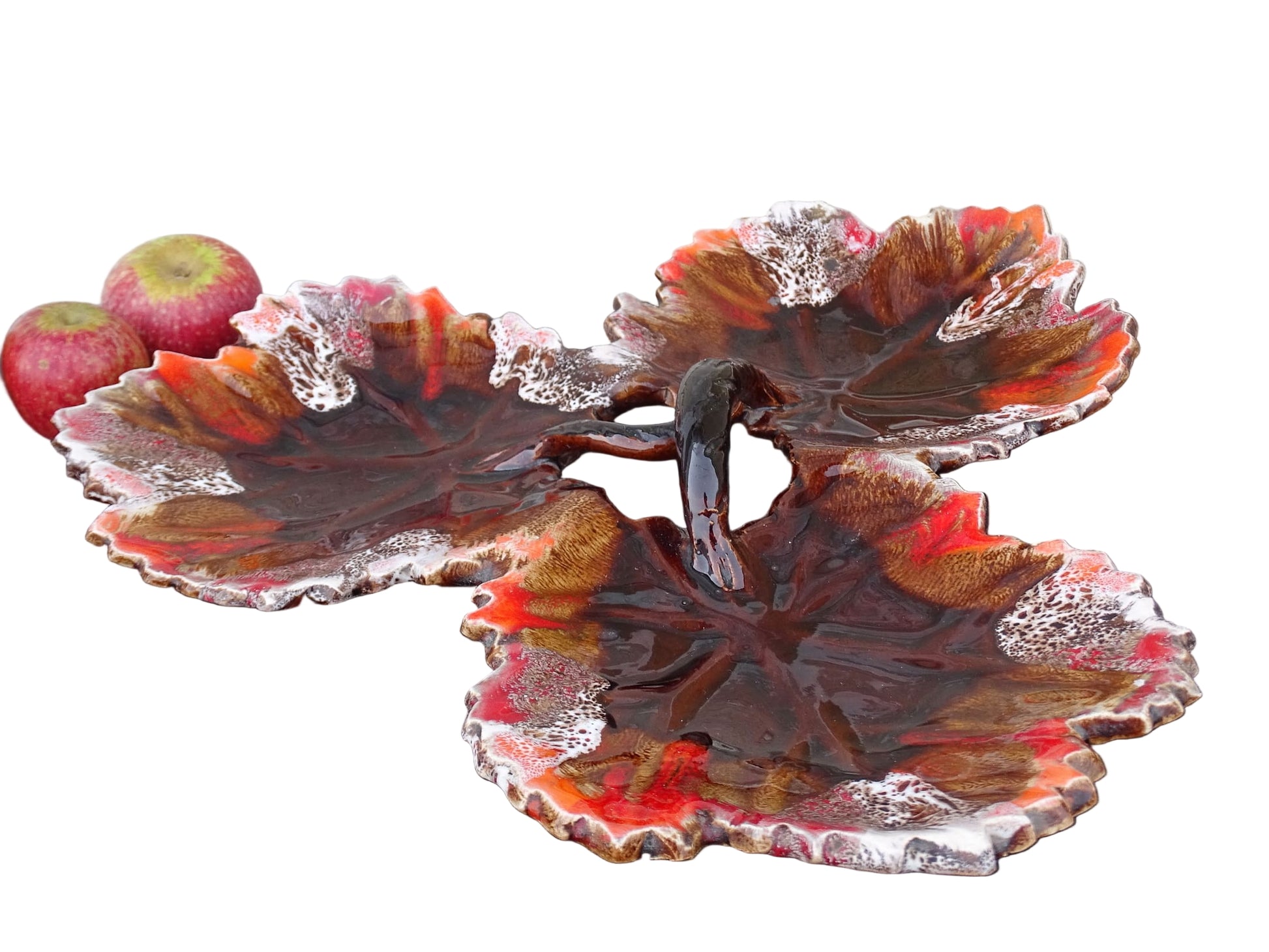 French vintage Vallauris pottery dishes trio with a brown and red glaze. 