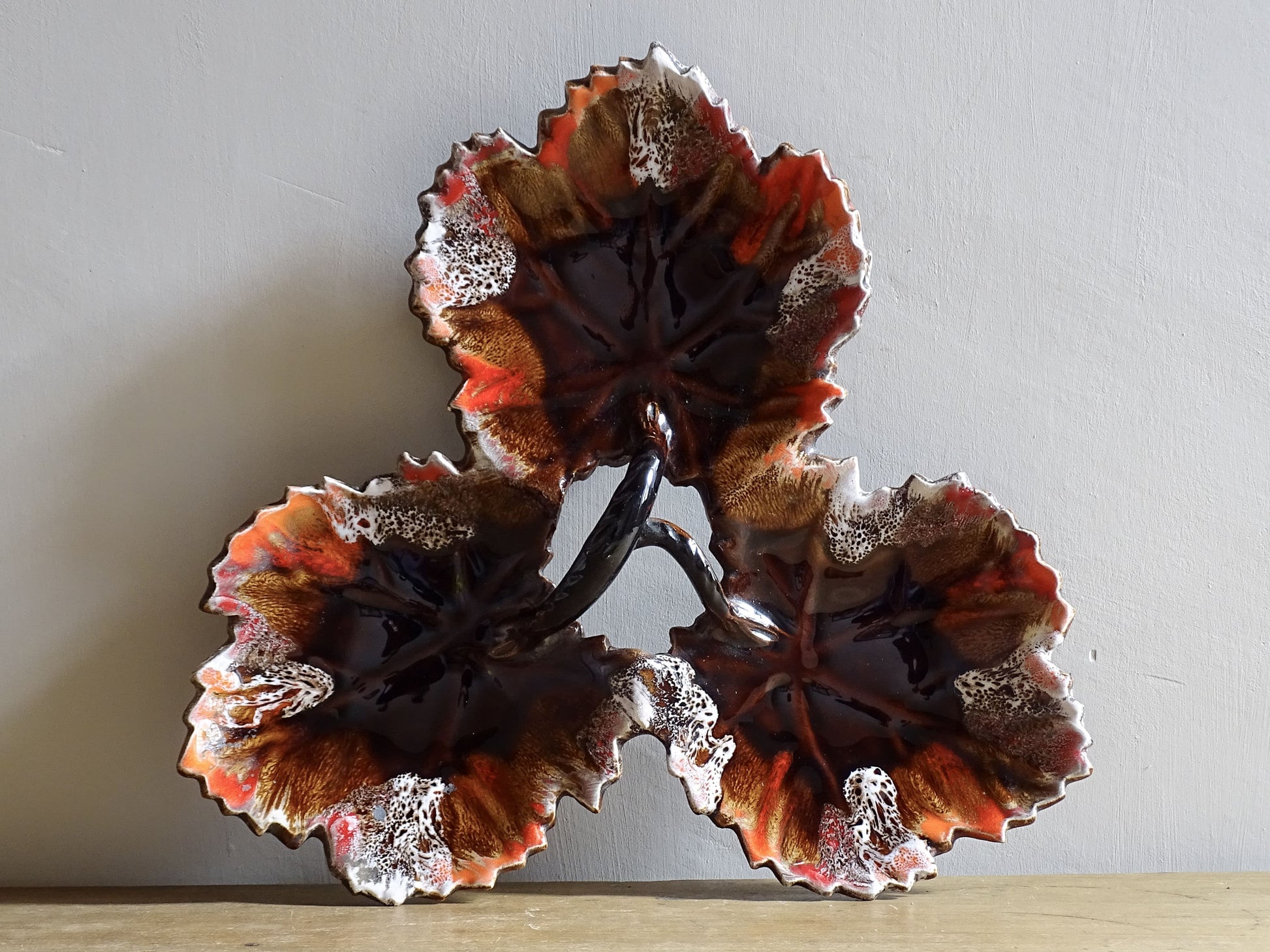 French vintage Vallauris pottery dishes trio with a brown and red glaze. 